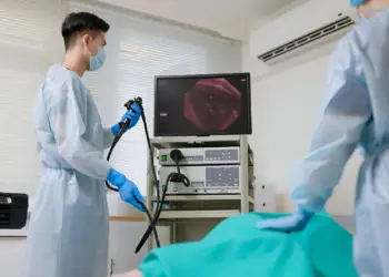 Endoscopy procedure showing gastric antral and oxyntic mucosa on medical monitor - endoscopy