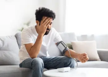 Man checking blood pressure at home while experiencing symptoms linked to sinusitis and hypertension
