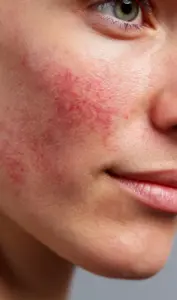 A close-up image showing facial redness and inflammation on the cheek, typical symptoms of rosacea. This image supports content about ivermectin for skin, highlighting its use as a topical treatment to reduce redness, inflammation, and flare-ups associated with rosacea.