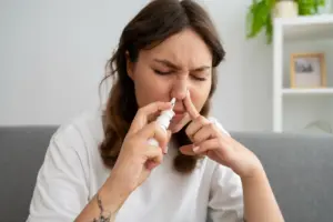 Woman using saline nasal spray for sinusitis relief