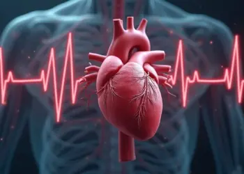 Sinus arrhythmia illustrated with human heart and ECG waveform showing irregular heartbeat pattern