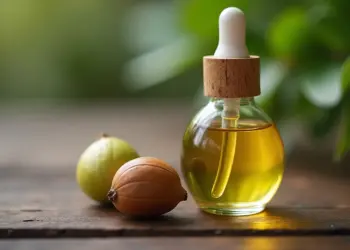Batana oil in glass dropper bottle with natural seeds on wooden surface