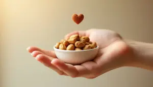 A person holding a bowl of Brazilian nuts with a heart symbol above, representing how Brazilian nuts help improve heart health through healthy fats and selenium.