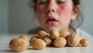 A person experiencing allergic reactions after consuming Brazilian nuts, with visible facial redness and swelling, highlighting common symptoms such as skin irritation and inflammation.