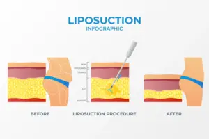 This infographic explains liposculpture liposuction results, showing how fat is removed from beneath the skin during the procedure and the visible body contour improvement after treatment.